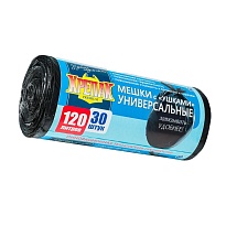 Мешки для мусора 120 л, с ушками, черные, в рулоне 30 шт., ПНД, 15 мкм, 1100х700 мм, Крепак, 4607075710375 в Качканаре